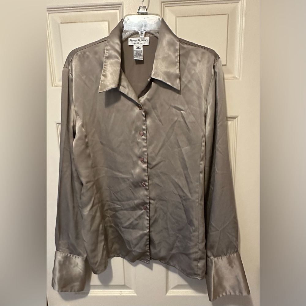 Rena Rowan for Saville Vintage Long Sleeve Taupe Satin Finish Blouse - Size 14